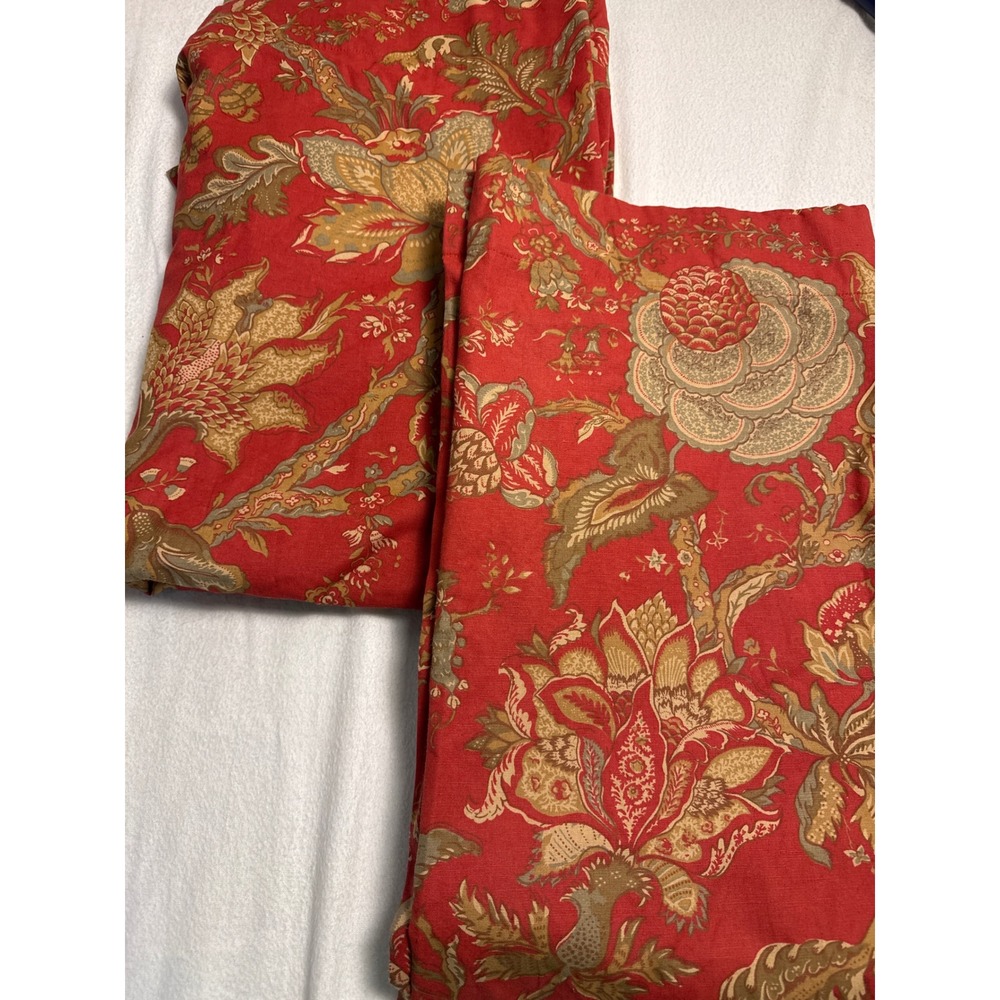 Pottery Barn Curtains 50x84 Madeline Red Floral Cotton Linen Lined Panels